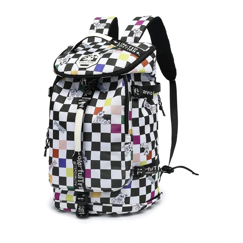 Kalesi Convertible Backpack Duffel Large Multicolor Checkered‎ Teddy Bear 20in